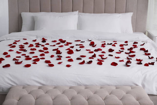 istock Beautiful red rose petals on bed in room 1324884299