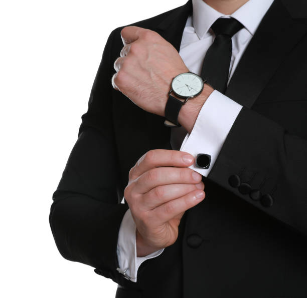 istock Man wearing stylish suit and cufflinks on white background, closeup 1324884300