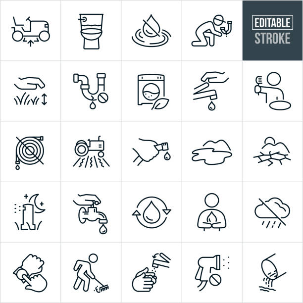 Water Conservation and Drought Thin Line Icons - Editable Stroke A set of water conservation and drought icons that include editable strokes or outlines using the EPS vector file. The icons include raising the blade on a lawnmower, garden hose with prohibited sign, water droplet with strikethrough, plumber fixing broken water pipe, water efficient washing machine, person turning off sink, person brushing teeth, water efficient toilet, hand holding garden hose with water droplet, lake full of water, dried up lake representing drought, sprinklers use at night, hand turning off water spigot, re-using of water, rain cloud with strike-through, using a broom rather than a garden hose, conserving water while washing hands, timing water usage, no watering and other related icons. water rationing stock illustrations