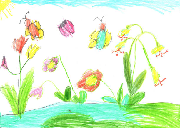 istock Child drawing butterfly and flowers nature 1324889532