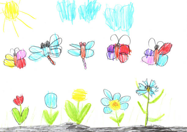 istock Child drawing butterfly and flowers nature 1324889533