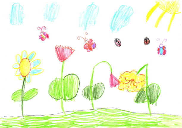 istock Child drawing butterfly and flowers nature 1324889534