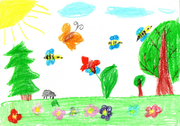 ilustrações, clipart, desenhos animados e ícones de criança desenhando borboleta e flores natureza - childs drawing