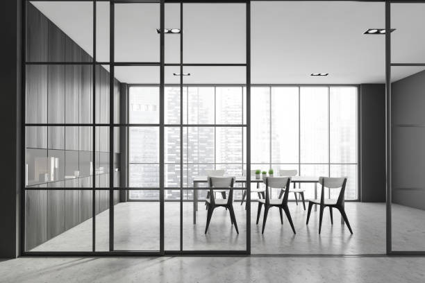 istock Interior design modern meeting room with panoramic windows. Contemporary conference board table. Cityscape view. 1324890808