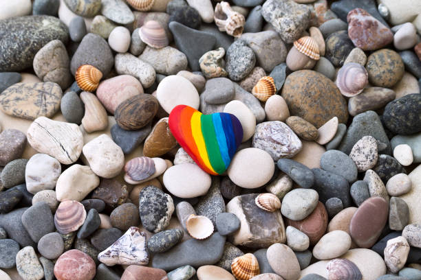 istock Rainbow colored heart shaped stone on the beach 1324890854