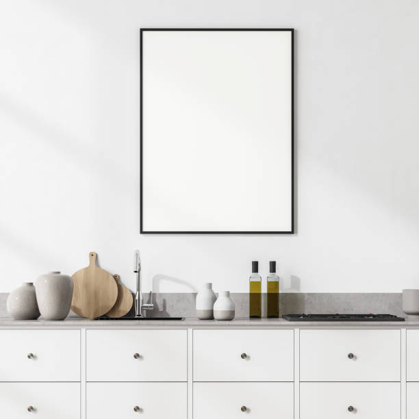istock Light kitchen interior with kitchen set and decoration, poster mock up 1324891121