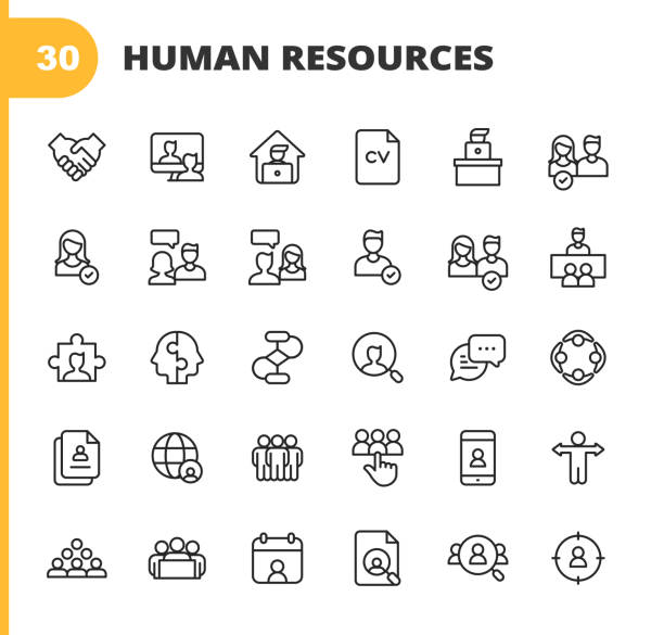 Human Resources Line Icons. Editable Stroke. Pixel Perfect. For Mobile and Web. Contains such icons as Recruitment, Occupation, Job, Employment, Labor, Meeting, Teamwork, Partnership, Office, Organisation, Presentation, Job Interview, Candidate, Resume. 30 Human Resources Outline Icons. Human Resources, Business, People, Recruitment, Growth, Occupation, Manager, Job, Employment and Labor, Meeting, Leadership, Teamwork, Businessman, Businesswoman, Business Person, Partnership, Office, Organisation, Presentation, Motivation, Brainstorming, Job Interview, Call Centre, Global, Diagram, Data, Human Head, Finance and Economy, Candidate, Job Interview, Resume, Hierarchy. interview event icons stock illustrations