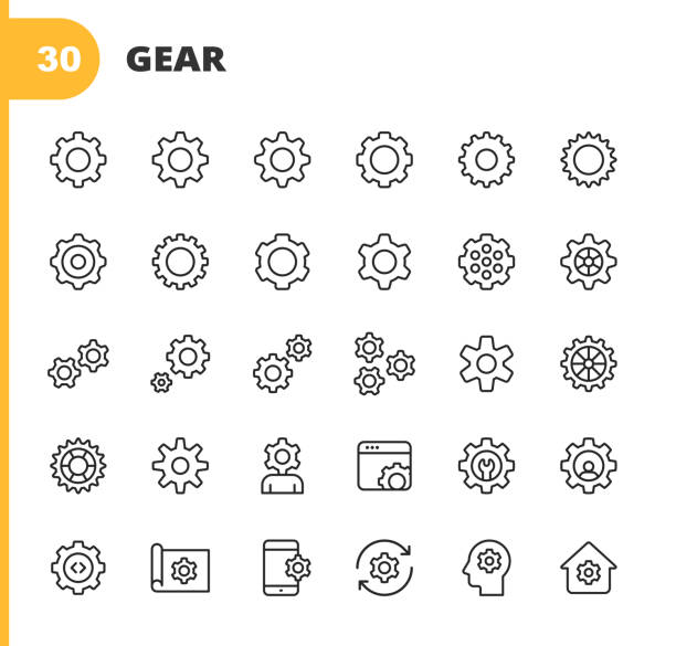 ilustrações, clipart, desenhos animados e ícones de ícones de linha de marcha, configurações. golpe editável. pixel perfeito. para mobile e web. contém ícones como gear, equipment, engine, settings icon, engineering, industry, machine part, progress, teamwork, technology, management, repair, tool, con - gear cooperation wheel motion