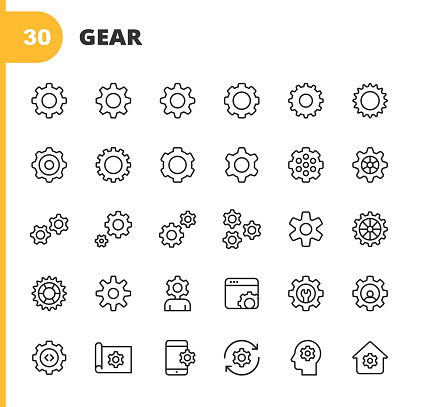 30 Gear, Settings Outline Icons. Gear, Equipment, Choice, Engine, Motion, Idea, Inspiration, Settings Icon, Wheel, Achievement, Engineering, Fuel and Power, Business, Industry, Machine Part, Planning, Progress, Teamwork, Strength, Technology, Work, Management, Adjusting, Data, Control, Instructions, Mechanic, Repair, Tool, Construction.