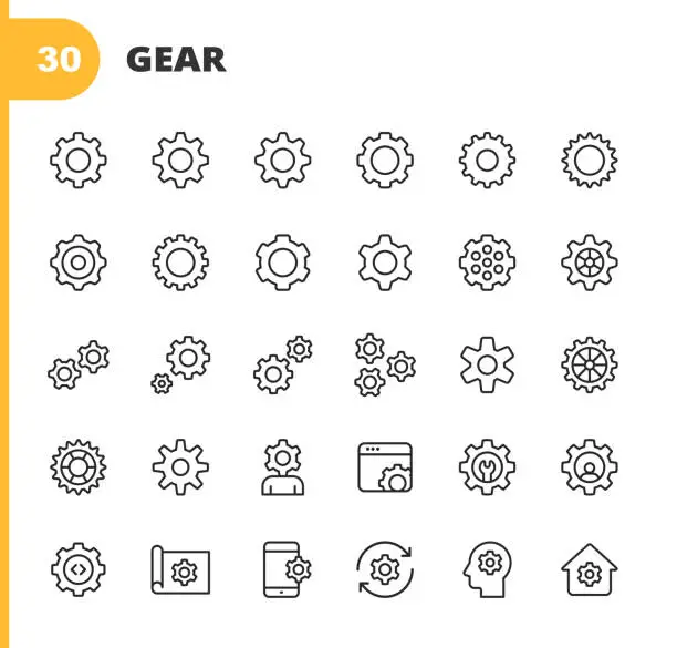 Vector illustration of Gear, Settings Line Icons. Editable Stroke. Pixel Perfect. For Mobile and Web. Contains such icons as Gear, Equipment, Engine, Settings Icon, Engineering, Industry, Machine Part, Progress, Teamwork, Technology, Management, Repair, Tool, Construction.