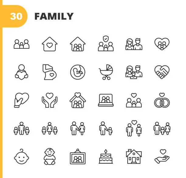 Vector illustration of Family Line Icons. Editable Stroke. Pixel Perfect. For Mobile and Web. Contains such icons as Family, Parent, Father, Mother, Child, Home, Love, Care, Pregnancy, Handshake, Support, Togetherness, Community, Multi-Generation Family, Social Gathering.