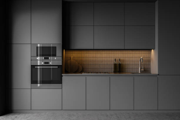 istock Grey kitchen set with shelves and appliances, marble floor 1324893088