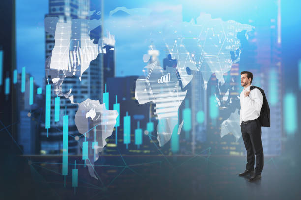 istock Businessman in city, financial graph 1324893834