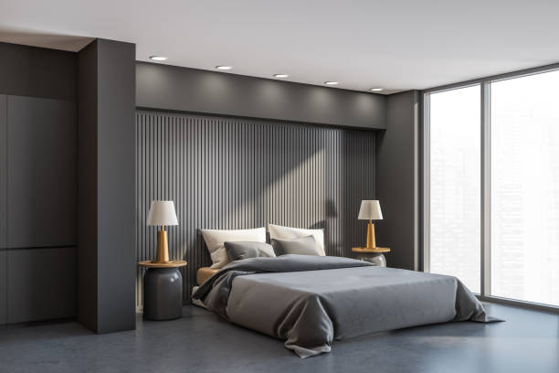 istock Grey bedroom interior with bed and linens near window, mockup 1324894966