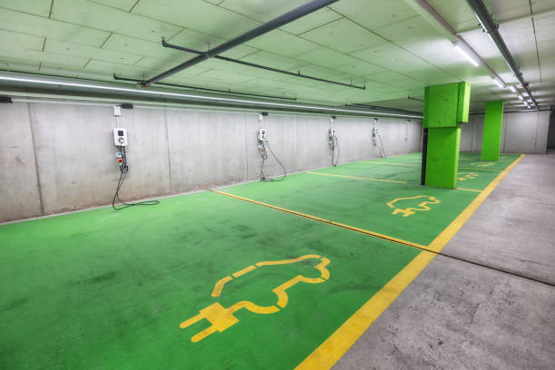 parking garage with charging stations for electric cars stock photo