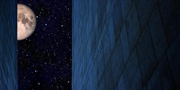New modern stone wall with starry sky and moon.\