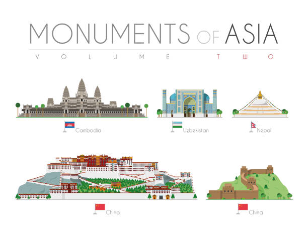 Monuments of Asia in cartoon style Volume 2: Angkor Bat (Cambodia), Ragastan Samrakand (Uzbekistan), Boudhanath Stupa (Nepal), Potala Palace and Great Wall (China). Vector illustration Monuments of Asia in cartoon style Volume 2: Angkor Bat (Cambodia), Ragastan Samrakand (Uzbekistan), Boudhanath Stupa (Nepal), Potala Palace and Great Wall (China). Vector illustration angkor wat stock illustrations