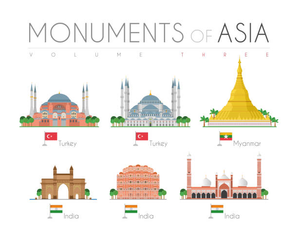 ilustrações de stock, clip art, desenhos animados e ícones de monuments of asia in cartoon style volume 3: hagia sophia and blue mosque (turkey), shwedagon pagoda (myanmar), gate of india, hawa mahal and jama masjid mosque (india). vector illustration - gold pagoda temple synagogue