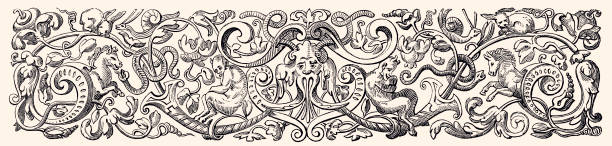 ITALIAN ORNAMENT : DESIGN ELEMENT     -XXXL with lots of details- Typographie Ornament from one the productions of the early Parisian Press. Vintage engraving circa late 19th century. Digital restoration by Pictore italian language stock illustrations