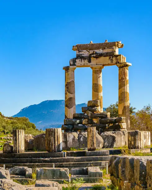 Sunny day scene famous delfos oracle building, greece