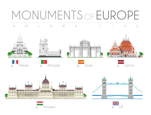 Monuments of Europe in cartoon style Volume 5: Sacre Coeur (France), Belem Tower (Portugal), Alcala Gate (Spain), Blackheads House (Latvia), Hungarian Parliament (Hungary) and Tower Bridge (UK). Vector illustration Monuments of Europe in cartoon style Volume 5: Sacre Coeur (France), Belem Tower (Portugal), Alcala Gate (Spain), Blackheads House (Latvia), Hungarian Parliament (Hungary) and Tower Bridge (UK). Vector illustration choeur stock illustrations