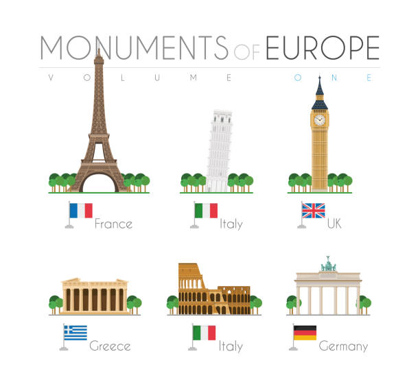 monumente europas im cartoon-stil band 1: eiffelturm (frankreich), pisa schiefer turm (italien), big ben (großbritannien), parthenon (griechenland), kolosseum (italien) und brandenburger tor (deutschland). vektor-illustration - pantheon paris paris france france europe stock-grafiken, -clipart, -cartoons und -symbole