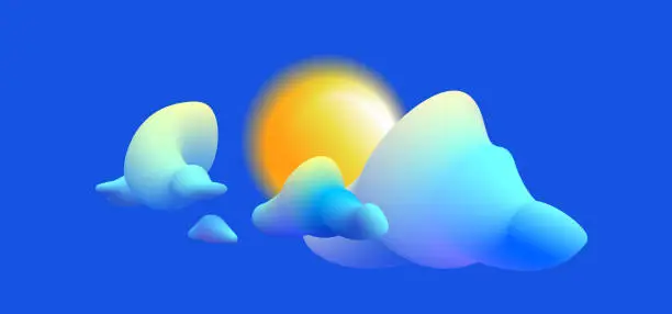 Vector illustration of Blue sky, white cumulus volumetric clouds and yellow sun, 3d style. Minimalistic vector background. Template banner and print advertising etc.