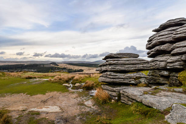 A landscape of Dartmoor National Park The wild barren landscape of the Dartmoor National Park in Devon, UK outcrop stock pictures, royalty-free photos & images