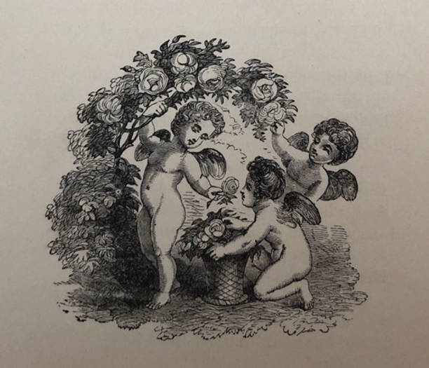 istock Antique illustration - Poetry of Thomas Moore - three cupid figures in a flower garden 1324903295