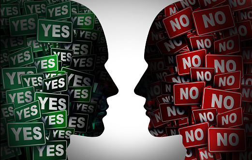 Yes or no concept or political election choice disagreement or opposing opinions and idea conflict as two people that disagree on how to proceed on a decision with 3D illustration elements.