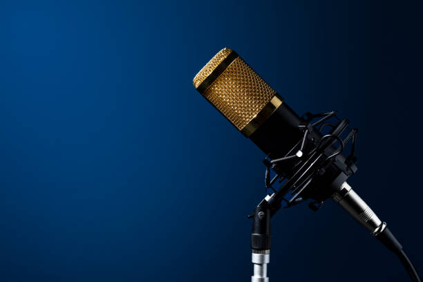 istock Base-mounted, corded professional desktop microphone with a blue background. 1324908022
