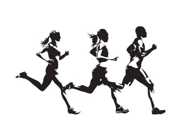 bildbanksillustrationer, clip art samt tecknat material och ikoner med running people, isolated vector silhouette. group of runners. man and women. run - löpning