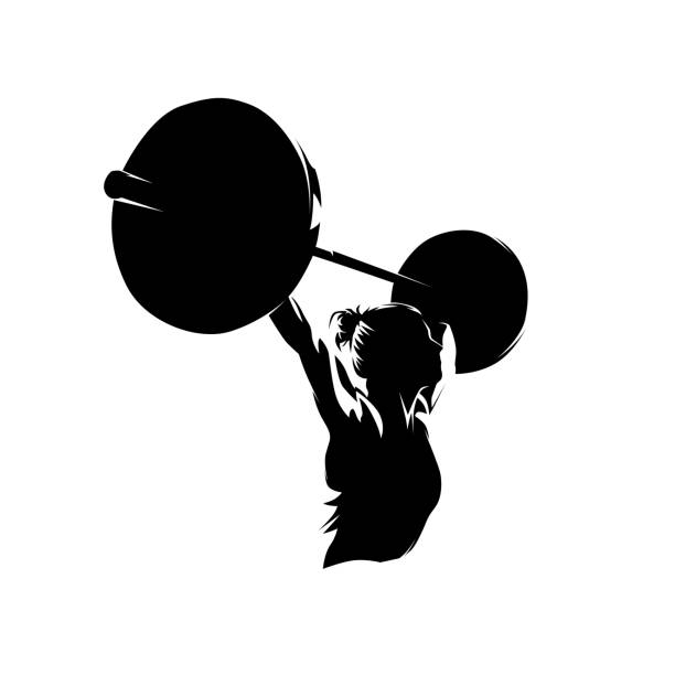 Weightlifting, woman lifting big barbell, bodybuilding. Isolated vector silhouette, ink drawing female bodybuilder logo Weightlifting, woman lifting big barbell, bodybuilding. Isolated vector silhouette, ink drawing female bodybuilder logo weightlifting stock illustrations