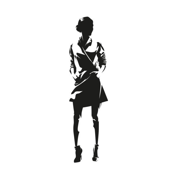 Woman stading in coat, female fashion model, isolated vector silhouette. Business woman, front view Woman stading in coat, female fashion model, isolated vector silhouette. Business woman, front view business casual fashion stock illustrations