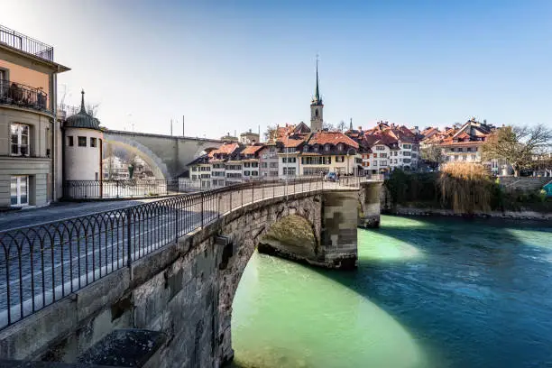The old town of Bern in the winter, the river Aare, Untertorbrücke, Nydeggbridge and Nydeggchurch, Switzerland