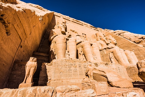 Egyptian temple built by Ramses II, dedicated to his wife Nefertari, sculpted in the stone of the mountain, in Abu Simbel next to Lake Nasser in Nubia, Egypt, Africa ,nefertari