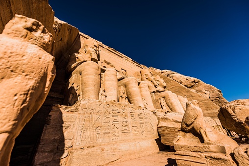 Egyptian temple built by Ramses II, dedicated to his wife Nefertari, sculpted in the stone of the mountain, in Abu Simbel next to Lake Nasser in Nubia, Egypt, Africa ,nefertari