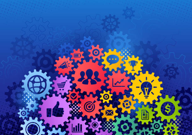 Colorful Gears Business Concept Multi colored connected gears with icons in it symbolizing business strategy, success, teamwork, communication concepts. In the background is dark blue halftone and gears. Diversity teamwork concept. service drawings stock illustrations