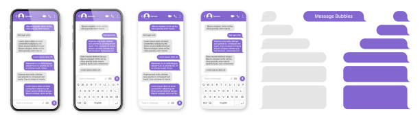 메시징 응용 프로그램과 현실적인 스마트 폰. 빈 sms 텍스트 프레임입니다. 보라색 메시지 거품 대화 채팅 화면. 소셜 미디어 응용 프로그램. 벡터 일러스트레이션 - 문자 메시지 stock illustrations