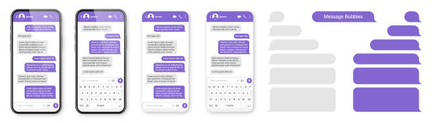 realistic smartphone with messaging app. blank sms text frame. conversation chat screen with violet message bubbles. social media application. vector illustration - twitter stock illustrations