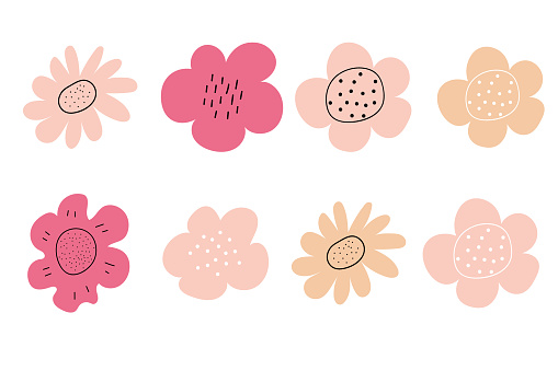 Small colorful flowers. Spring rose. Simple hand-drawn kids style. Pretty ditsy for fabric, textile, wallpaper. Digital vector illustration in white background