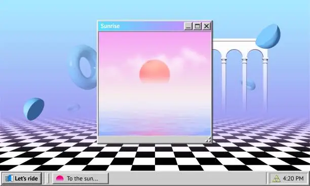 Vector illustration of Vaporwave abstract background with OS window with sunrise and interface, surreal shapes and colonnade with arches