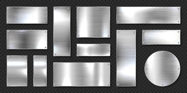 istock Realistic shiny metal banners set. Brushed steel plate with screws. Polished silver metal surface. Vector illustration 1324913139