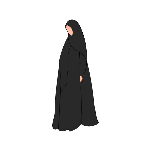 Muslim woman vector silhouette in hijab and abaya Muslim woman vector silhouette in hijab and abaya. Arab saudi girl. Black female islamic hijab. Arabian naqab. Beautiful muslim woman without face flat illustration. Arab dress cartoon burka stock illustrations