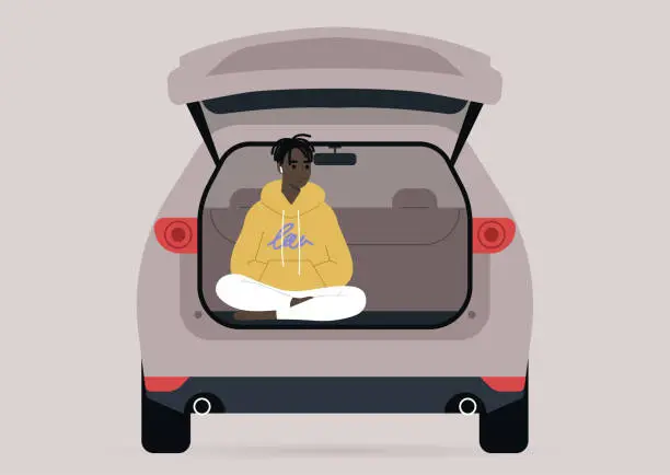 Vector illustration of A young male Black character sitting in a car trunk with their legs crossed, millennial lifestyle