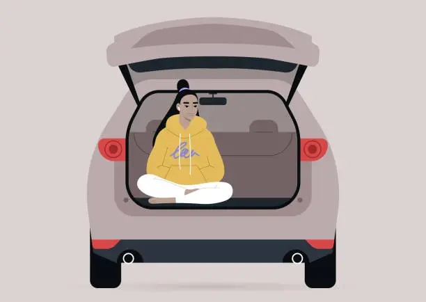 Vector illustration of A young female Asian character sitting in a car trunk with their legs crossed, millennial lifestyle