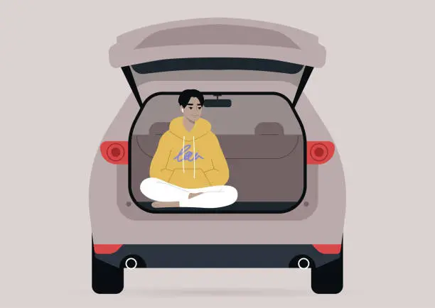 Vector illustration of A young male Asian character sitting in a car trunk with their legs crossed, millennial lifestyle