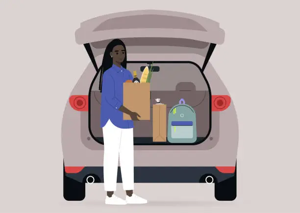 Vector illustration of A young female Black character taking grocery bags from their car trunk, a daily routine scene