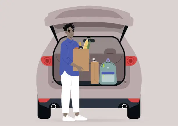Vector illustration of A young male Black character taking grocery bags from their car trunk, a daily routine scene