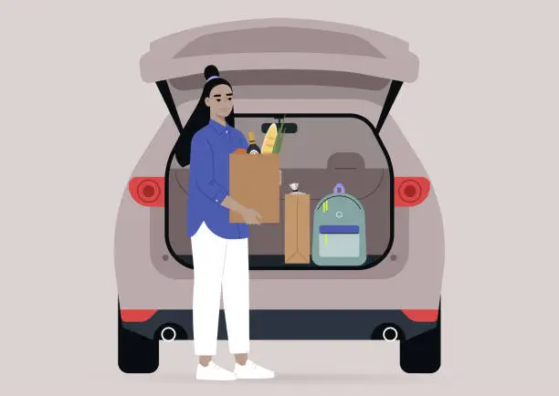 Vector illustration of A young female Asian character taking grocery bags from their car trunk, a daily routine scene